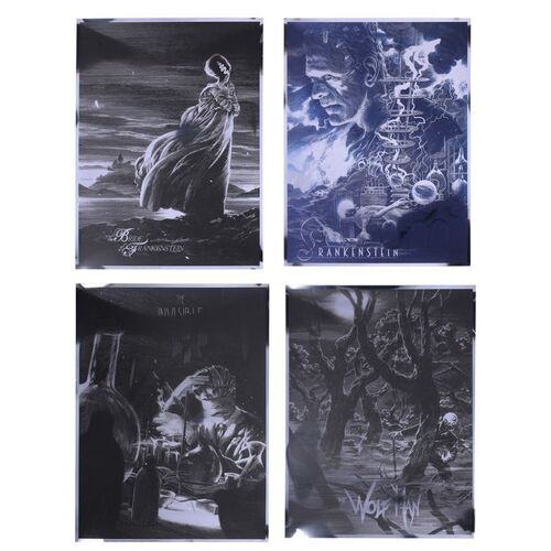 Lot #520 - THE INVISIBLE MAN (1933), THE WOLF MAN (1941), FRANKENSTEIN (1931), BRIDE OF FRANKENSTEIN (1935) - Four Hand-Numbered Limited Edition Foil Prints by Nicolas Delort, 2015