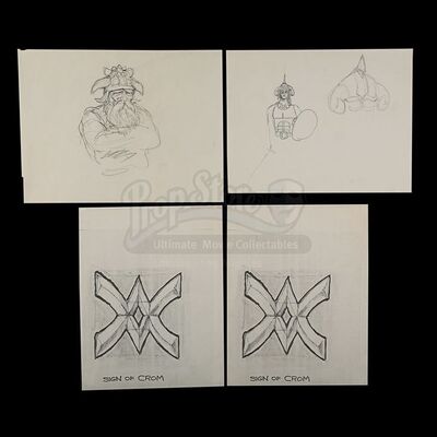 CONAN THE BARBARIAN (1982) - Ron Cobb Hand-Drawn Conan Concept Artwork and Printed Crom Emblem Designs