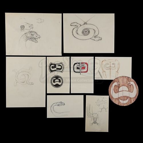 CONAN THE BARBARIAN (1982) - Ron Cobb Hand-Drawn Set Emblem, Amulet and Giant Snake Designs