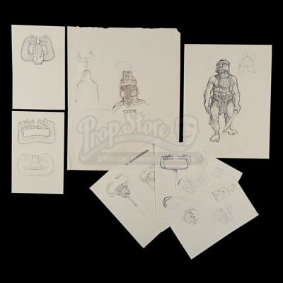 CONAN THE BARBARIAN (1982) - Ron Cobb Hand-Drawn Thulsa Doom Helmet, Set Temple Guard and Standard Designs
