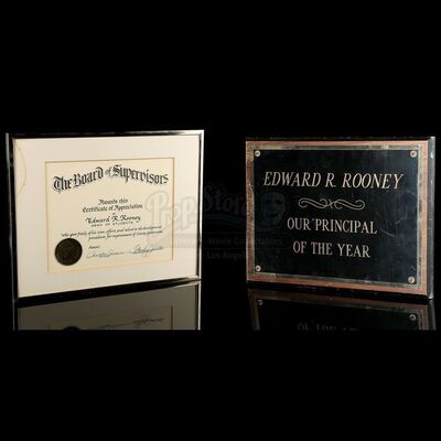 FERRIS BUELLER'S DAY OFF (1986) - Edward Rooney's (Jeffrey Jones) Certificate of Appreciation and Plaque
