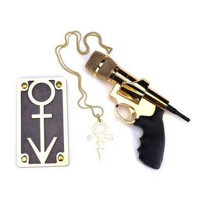 Lot # 110: BLACKISH (T.V. SERIES, 2014 - 2022) - Andre Johnson, Jr.'s (Marcus Scribner) Gold Gun Microphone, Necklace, and License Plate