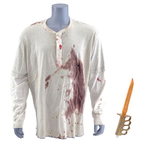 Lot # 153: CARNIVALE (T.V. SERIES, 2003 - 2005) - Ben Hawkins' (Nick Stahl) Bloodied Shirt with Bloodied Stunt Trench Knife and SFX Handle
