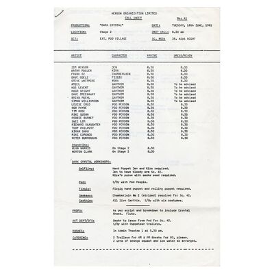 Lot # 204: DARK CRYSTAL, THE (1982) - Set of Three Call Sheets