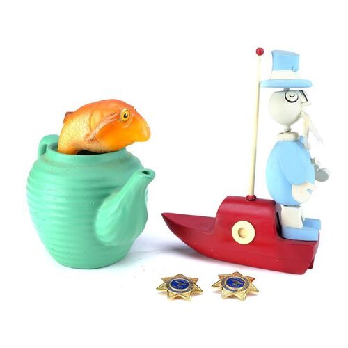 Lot # 233: DR. SEUSS' THE CAT IN THE HAT (2003) - Teapot with Goldfish, Toy Boat and Anville Highway Patrol Badges