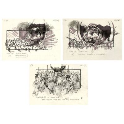 Lot # 274: FLASH GORDON (1980) - Charles Lippincott Collection: Charles Lippincott Collection: Set of Three Hand-Drawn Mentor Huebner Storyboards of War Rocket Ajax Crash