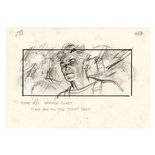 Lot # 277: FLASH GORDON (1980) - Charles Lippincott Collection: Charles Lippincott Collection: Hand-Drawn Mentor Huebner Storyboard of Flash Gordon with Eyes Shut