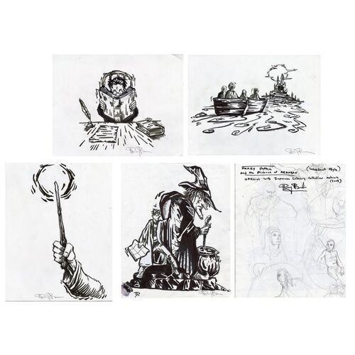 Lot # 341: HARRY POTTER AND THE PRISONER OF AZKABAN (2004) - Set of Four Hand-Drawn Doug Brode Woodcut-Style Japanese Edition Book Concept Artworks