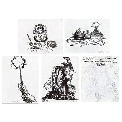 Lot # 341: HARRY POTTER AND THE PRISONER OF AZKABAN (2004) - Set of Four Hand-Drawn Doug Brode Woodcut-Style Japanese Edition Book Concept Artworks