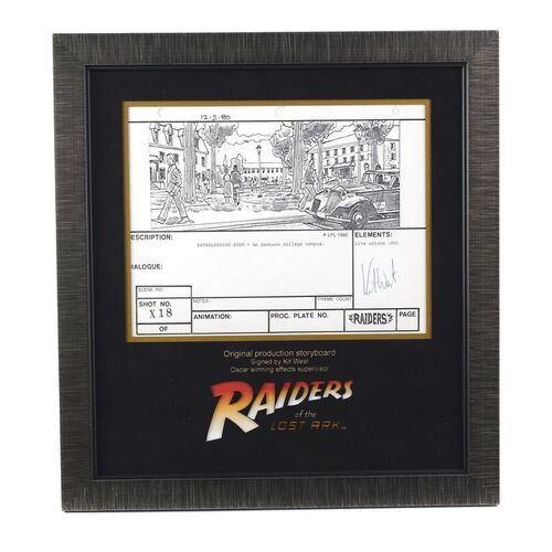 Lot # 383: INDIANA JONES AND THE RAIDERS OF THE LOST ARK (1981) - Framed Kit West-Signed College Campus Storyboard