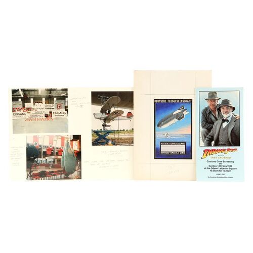 Lot # 390: INDIANA JONES AND THE LAST CRUSADE (1989) - Hand-Painted Zeppelin Ticket Concept Artwork with Production Photographs and Crew Ticket