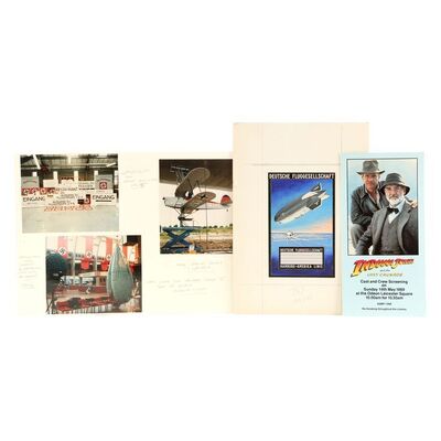 Lot # 390: INDIANA JONES AND THE LAST CRUSADE (1989) - Hand-Painted Zeppelin Ticket Concept Artwork with Production Photographs and Crew Ticket