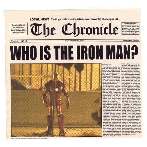 Lot # 399: IRON MAN (2008) - Production-Made "Who is the Iron Man?" Chronicle Newspaper Cover