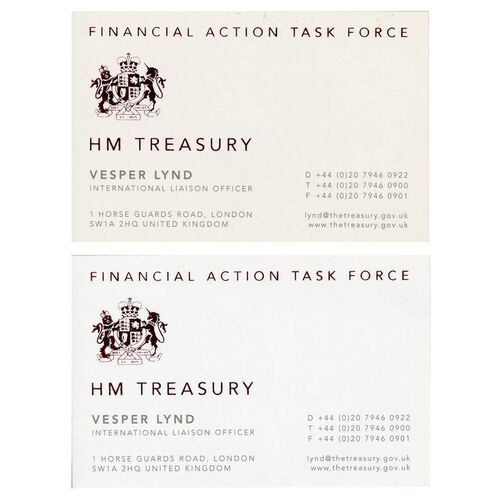 Lot # 428: JAMES BOND: CASINO ROYALE (2006) - Vesper Lynd's (Eva Green) HM Treasury Business Cards