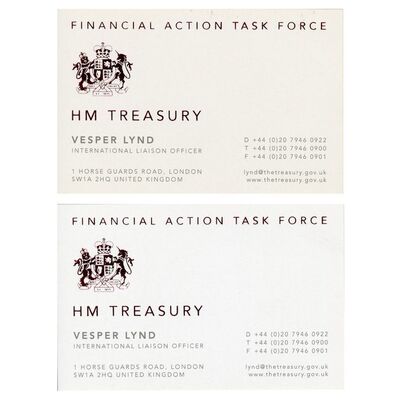 Lot # 428: JAMES BOND: CASINO ROYALE (2006) - Vesper Lynd's (Eva Green) HM Treasury Business Cards