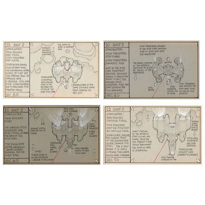 Lot # 466: LAST STARFIGHTER, THE (1984) - Set of Four Hand-Drawn Ron Cobb Starfighter Storyboards