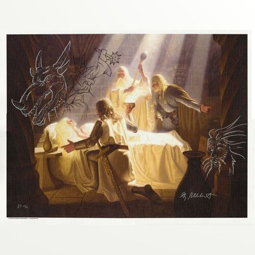 Lot # 483: LORD OF THE RINGS FRANCHISE (1937 - PRESENT), THE - Greg Hildebrandt-Signed Brothers Hildebrandt "The Healing of Eowyn" Giclee with Two Character Remarques
