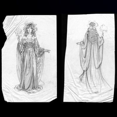 Lot # 487: LORD OF THE RINGS FRANCHISE (1937 - PRESENT), THE - Pair of Hand-Drawn Greg Hildebrandt Franklin Heirloom Arwen Doll Concept Artworks