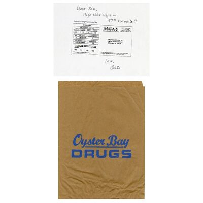 Lot # 531: MEET THE PARENTS (2000) - Gaylord Focker's (Ben Stiller) MCAT Scores and Oyster Bay Drugs Bag