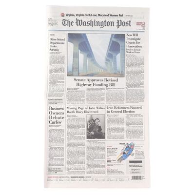 Lot # 549: NATIONAL TREASURE: BOOK OF SECRETS (2007) - Washington Post "John Wilkes Booth" Newspaper