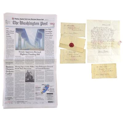 Lot # 552: NATIONAL TREASURE: BOOK OF SECRETS (2007) - Washington Post "John Wilkes Booth" Newspaper and Confederate Letters