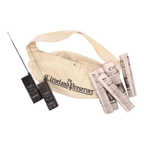 Lot # 574: PAPER GIRLS (TV SERIES 2022) - Pair of Tiffany Quilkin's (Camryn Jones) Light-Up Walkie-Talkies with Newspaper Bag and Newspapers