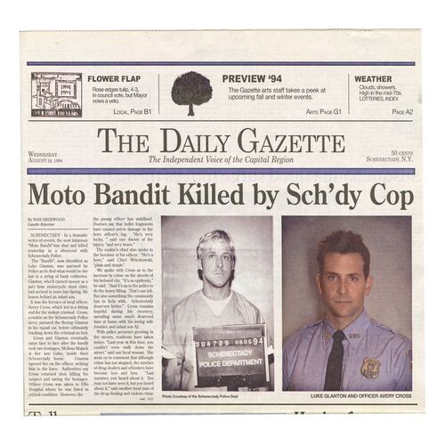 Lot # 590: PLACE BEYOND THE PINES, THE (2012) - Luke Glanton (Ryan Gosling) and Avery Cross (Bradley Cooper) Daily Gazette Newspaper Cover