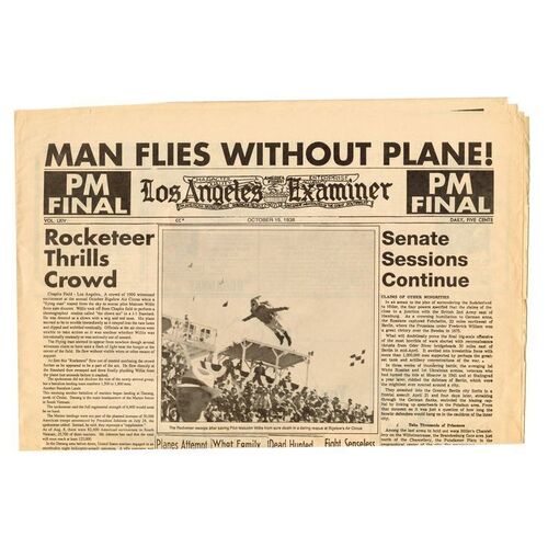 Lot # 637: ROCKETEER, THE (1991) - "Man Flies Without Plane!" Los Angeles Examiner Newspaper Cover