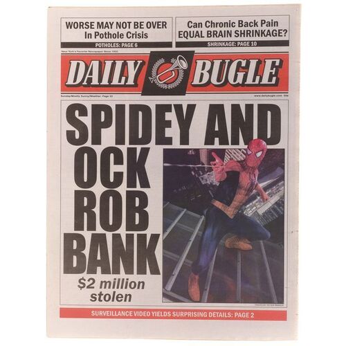 Lot # 682: SPIDER-MAN 2 (2004) - Daily Bugle Prop Newspaper "Spidey and Ock Rob Bank" with Inner Pages