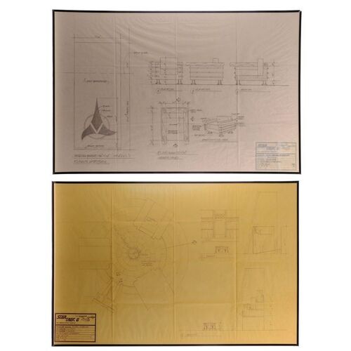 Lot # 712: STAR TREK VI: THE UNDISCOVERED COUNTRY (1991) - Pair of Framed Hand-Drawn Klingon Courtroom Blueprints