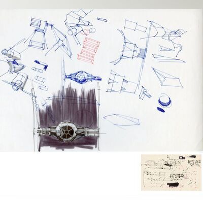 Lot # 779: STAR WARS: A NEW HOPE (1977) - Hand-Drawn Paul Huston TIE Fighter and X-wing Starfighter Concept Sketches