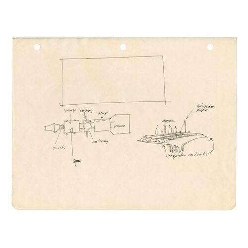 Lot # 780: STAR WARS: A NEW HOPE (1977) - Hand-Drawn Ralph McQuarrie Millennium Falcon and Holochess Concept Sketch