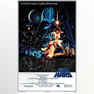 Lot # 793: STAR WARS: A NEW HOPE (1977) - Brothers Hildebrandt-Signed 15th Anniversary Style "B" One-Sheet with Three Character Remarques