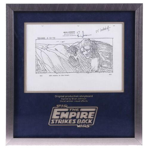Lot # 801: STAR WARS: THE EMPIRE STRIKES BACK (1980) - Brian Johnson-Signed Framed Printed "Han Reacts to Blast" Storyboard