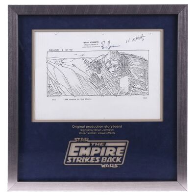 Lot # 801: STAR WARS: THE EMPIRE STRIKES BACK (1980) - Brian Johnson-Signed Framed Printed "Han Reacts to Blast" Storyboard
