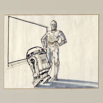 Lot # 818: STAR WARS: RETURN OF THE JEDI (1983) - Hand-Painted R2-D2 and C-3PO Illustration