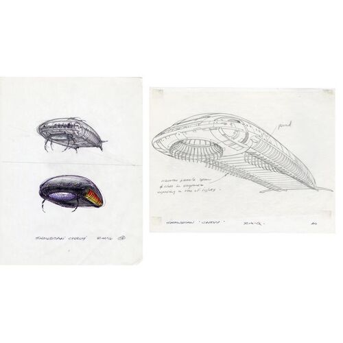 Lot # 844: SHOWSCAN (CHEVY COMMERCIAL) - Pair of Hand-Drawn Ralph McQuarrie Alien Spacecraft Concept Artworks