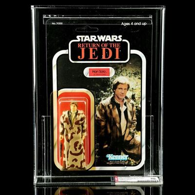 Lot # 876: STAR WARS TOYS - Han Solo (In Trench Coat) ROTJ77A AFA 80Y