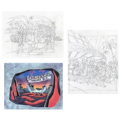 Lot # 2: Set of Two Flintstones Hollyrock-a-Bye Baby (1993) Sketches featuring Billy Joel, Christie Brinkley, John Tesh, and Mary Hart with Color Photocopy Background