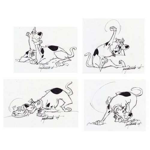 Lot # 6: Set of Four Hand-Drawn and Signed Iwao Takamoto Scooby-Doo Sketches (Dated 2004)