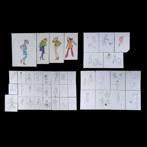 Lot # 9: Set of 42 Iwao Takamoto Hand-Drawn Color, Pen, and Pencil Personal Sketches