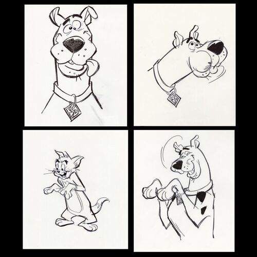 Lot # 14: Set of Four Hand-Drawn Iwao Takamoto Scooby-Doo and Tom Cat Sketches (circa 2000s)