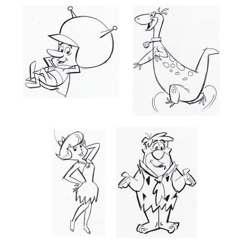 Lot # 16: Set of Four Hand-Drawn Iwao Takamoto Fred Flintstone, Betty, Dino, and the Great Gazoo Sketches (circa 2000s)