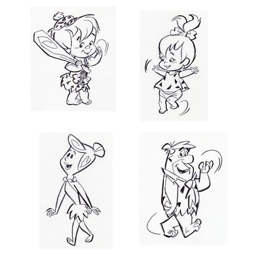 Lot # 26: Set of Four Hand-Drawn Iwao Takamoto Fred Flintstone, Wilma, Pebbles, and Bamm-Bamm Sketches (circa 2000s)