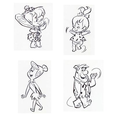 Lot # 26: Set of Four Hand-Drawn Iwao Takamoto Fred Flintstone, Wilma, Pebbles, and Bamm-Bamm Sketches (circa 2000s)