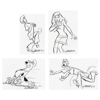 Lot # 28: Set of Four Hand-Drawn and Signed Iwao Takamoto Scooby-Doo, Daphne, and Shaggy Sketches (Dated 2003)