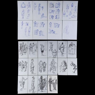 Lot # 29: Set of 24 Iwao Takamoto Hand-Drawn and Signed Black and Blue Personal Sketches (Dated 2003)