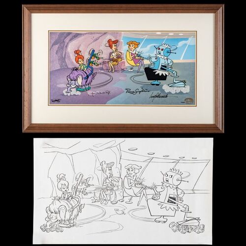 Lot # 30: Framed and Signed Jetsons and Flintstones "A Mother's Work" Limited Edition Cel HC #5/20 with Pencil Photocopy