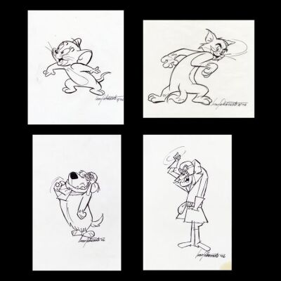 Lot # 36: Set of Four Hand-Drawn and Signed Iwao Takamoto Tom, Jerry, Dastardly, and Muttley Sketches (Dated 2003 and 2006)