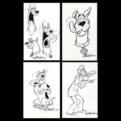 Lot # 39: Set of Four Hand-Drawn and Signed Iwao Takamoto Scooby-Doo and Shaggy Sketches (Dated 2006)